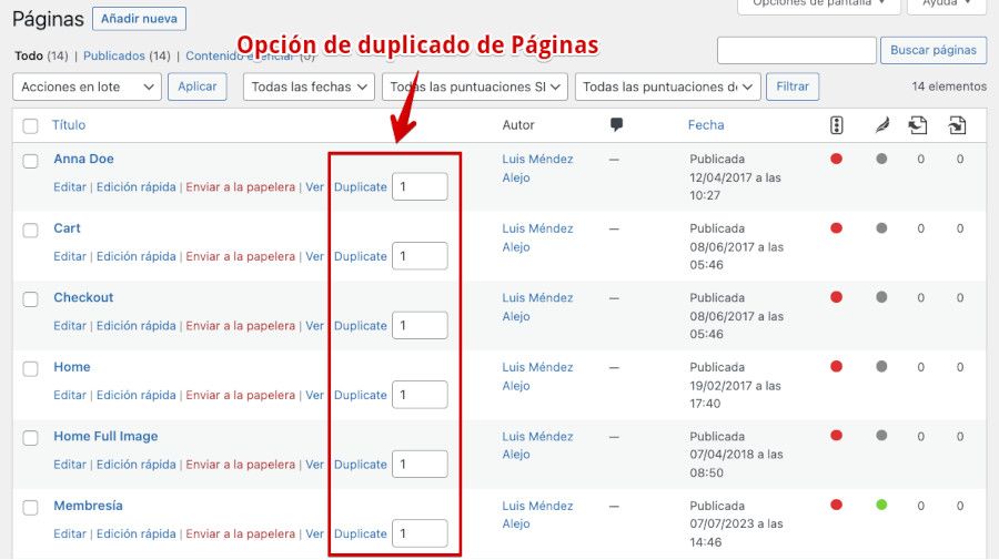 Opción de duplicar página en WordPress