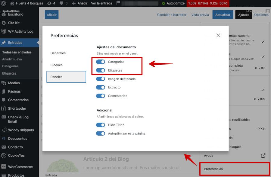 Opción para activar bloque de etiquetas y categorías en Gutenberg