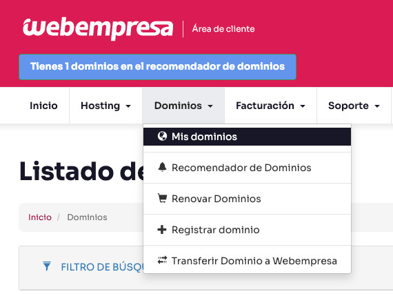 Mis dominios - Area de cliente de Webempresa