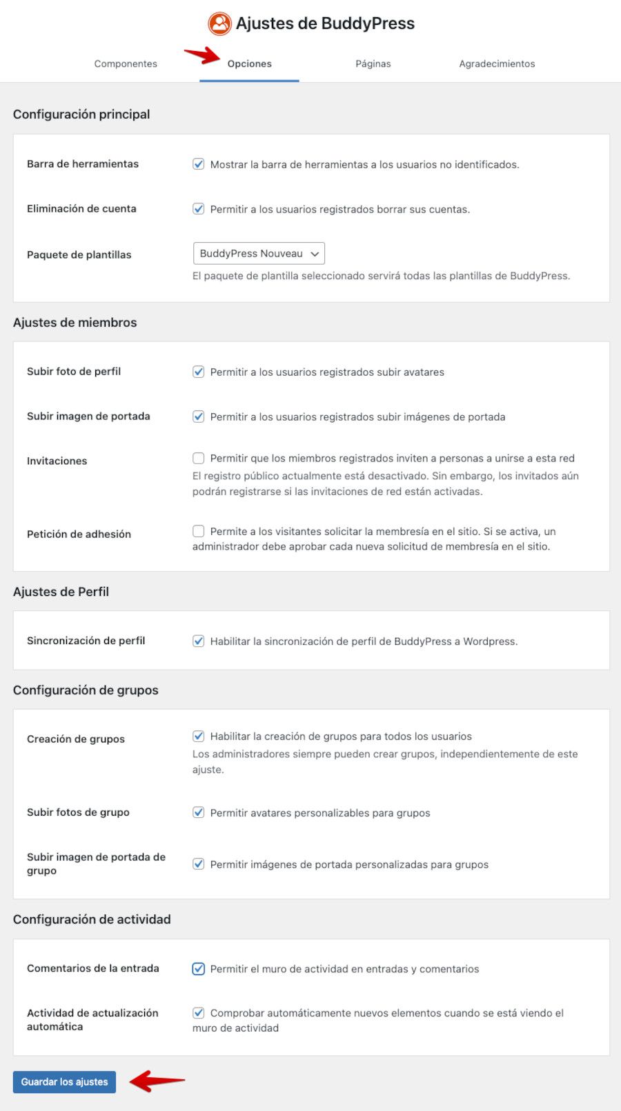 Opciones Ajustes BuddyPress