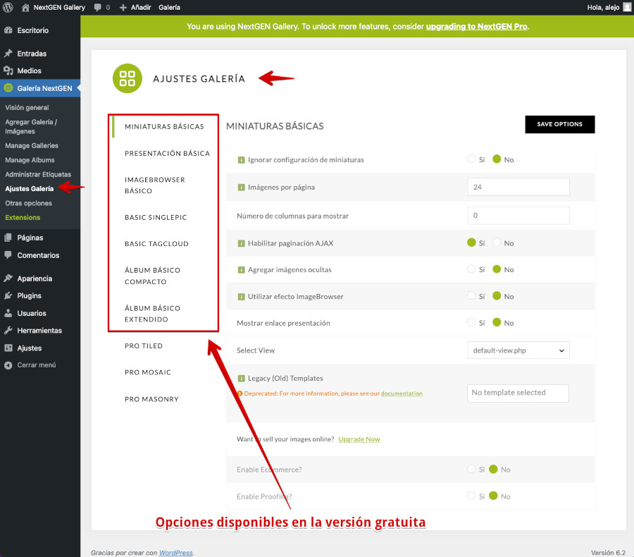 Opciones de configuración de NextGEN Gallery