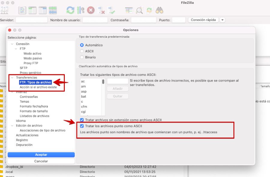 Opciones de archivos con punto en Filezilla