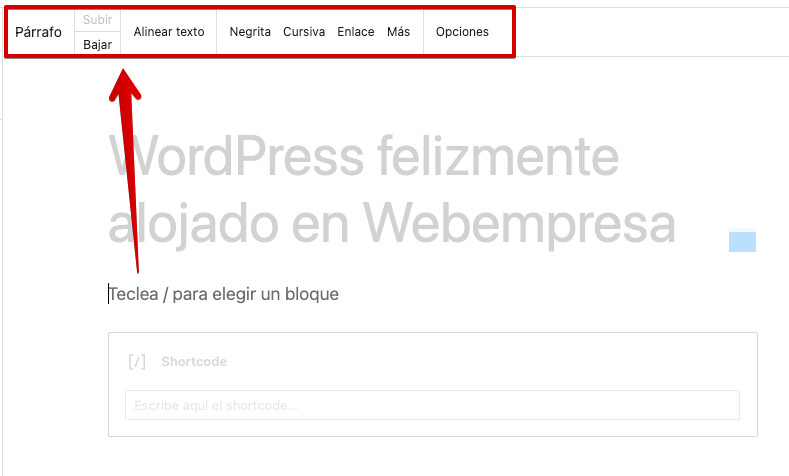 Opciones de bloque de Gutenberg para un párrafo