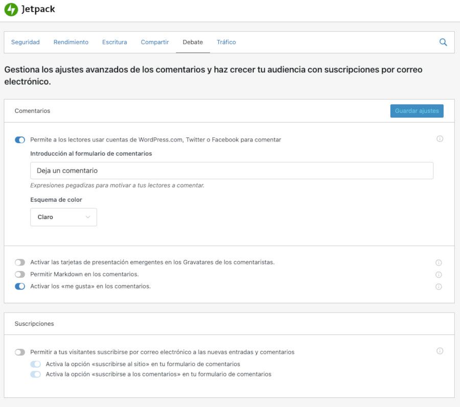 Opciones adicionales de Jetpack para comentarios en WordPress