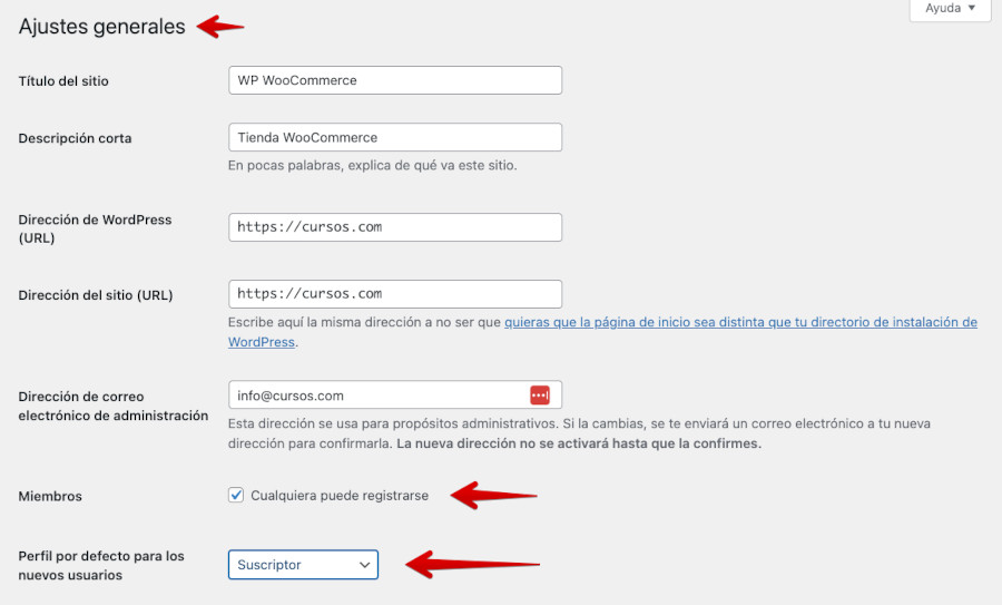 Opciones de registro de usuarios en Ajustes Generales de WordPress