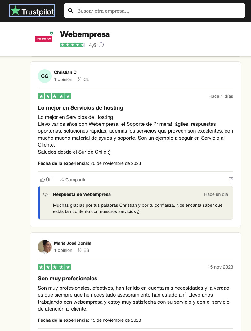 Opiniones de clientes de Webempresa en Trustpilot