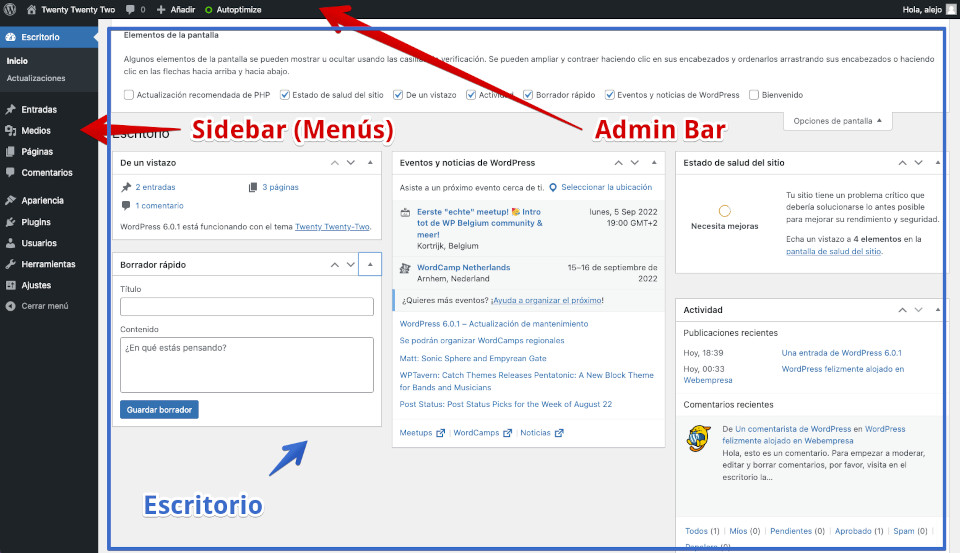 Menús en el dashboard