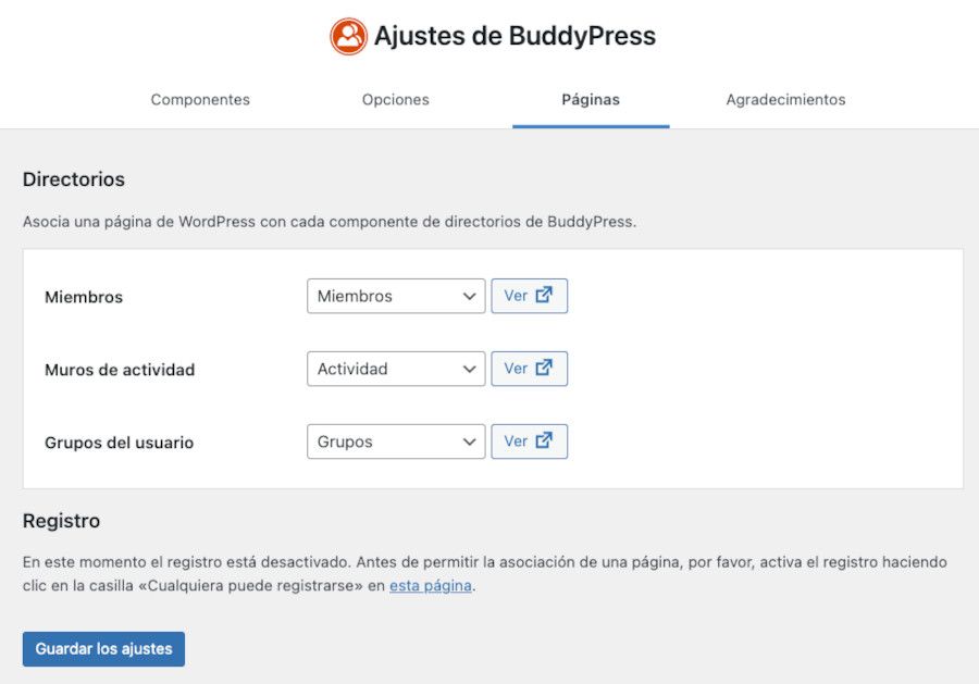 Páginas Ajustes BuddyPress