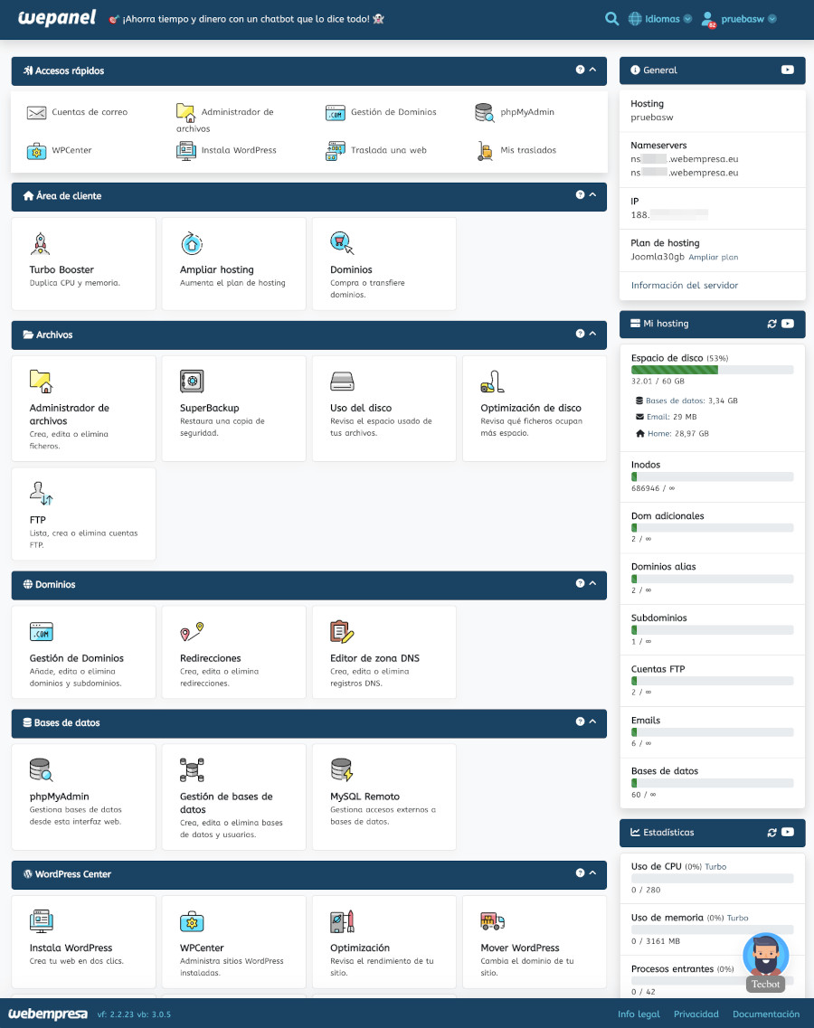 Panel de Hosting WePanel de Webempresa