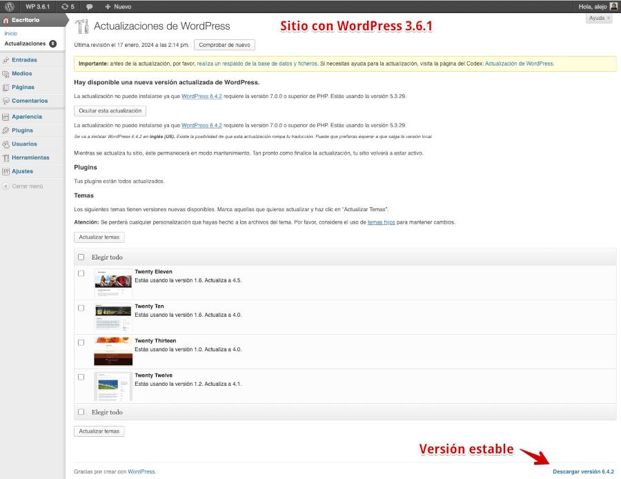 Pantalla de actualizaciones de WordPress 3.6 (antes de la 3.7)