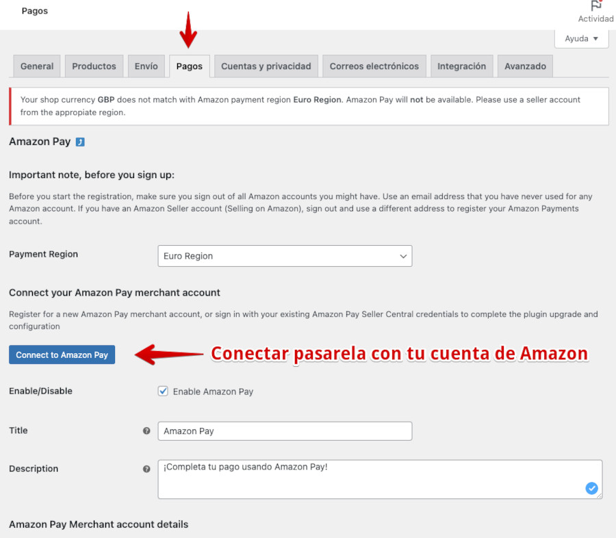 Ajustes de la pasarela de pago Amazon Pay para WooCommerce