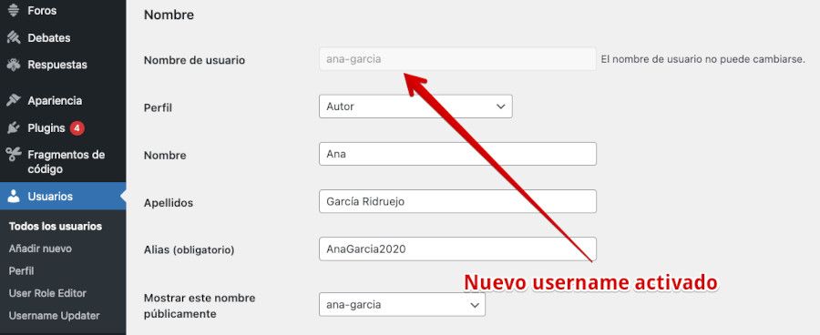 Nuevo username en el perfil de usuario