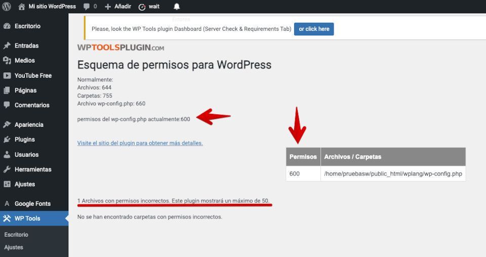 Permisos de archivos incorrectos con WP Tools