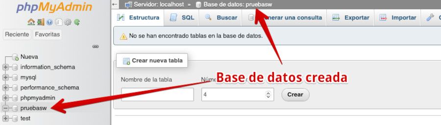 Base de datos creada en phpMyAdmin