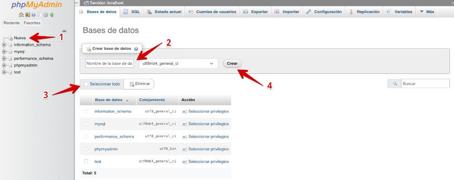 Crear nueva base de datos desde phpMyAdmin