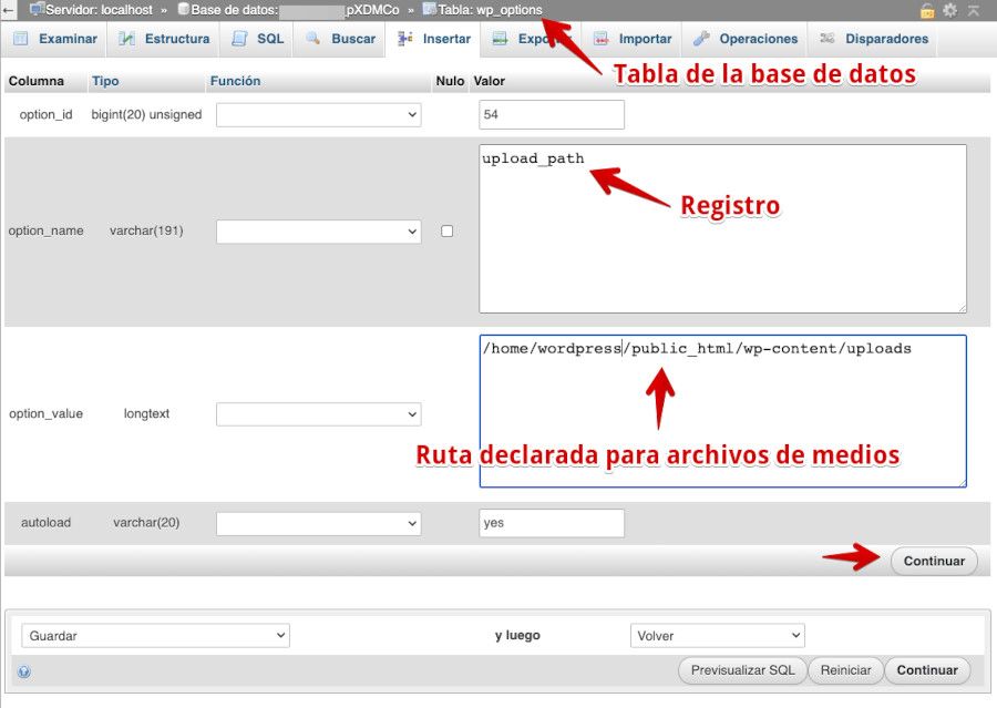 Editar el registro y corregir la ruta de upload_path desde phpMyAdmin