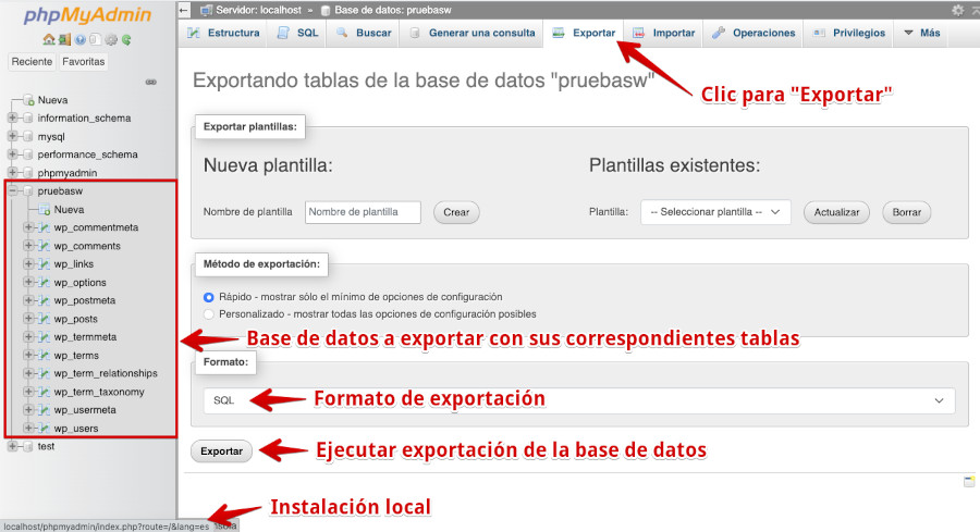 Exportar base de datos local