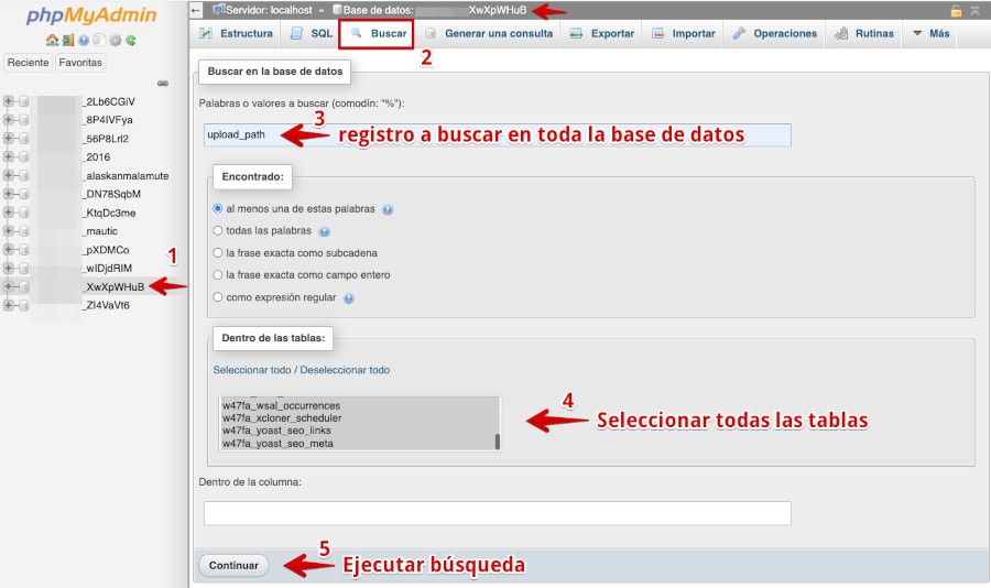 Buscar upload_path desde phpMyAdmin