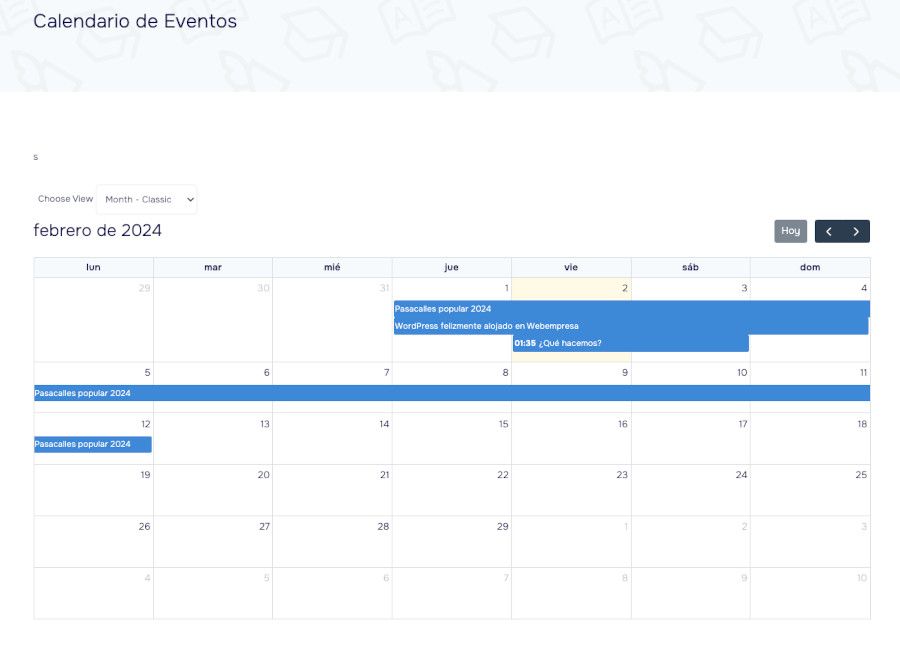 Pie Calendar en el frontal de un sitio WordPress