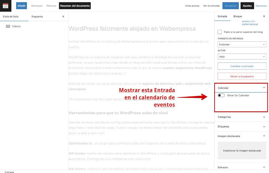 Convertir una Entrada en un Evento desde el editor de bloques Gutenberg