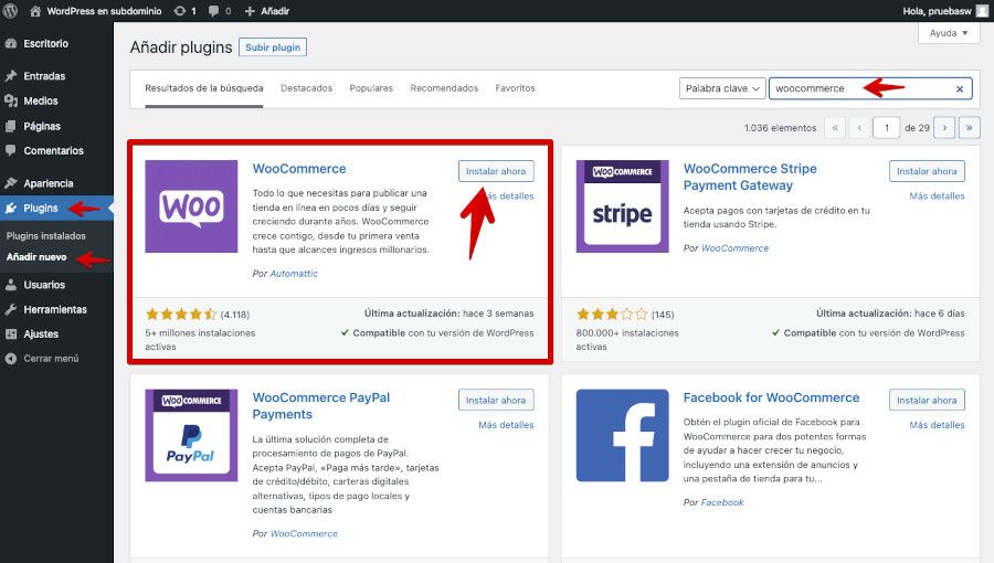 Instalar plugin de WooCommerce