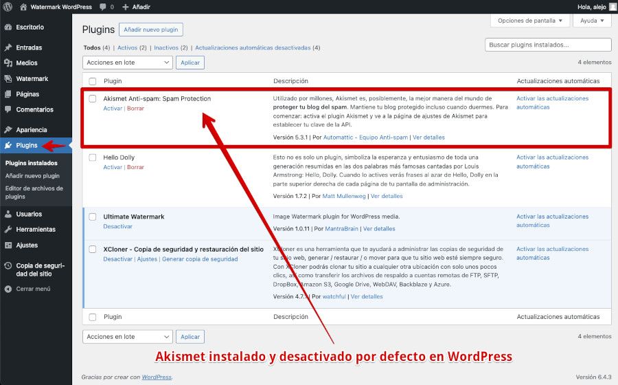 Akismet instalado y desactivado por defecto en WordPress