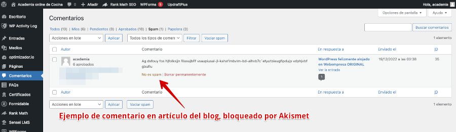 Ejemplo de comentario bloqueado por Akismet en WordPress