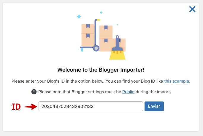 Introducir ID del blog de Blogger para importar contenidos con Importer Extended en Herramientas