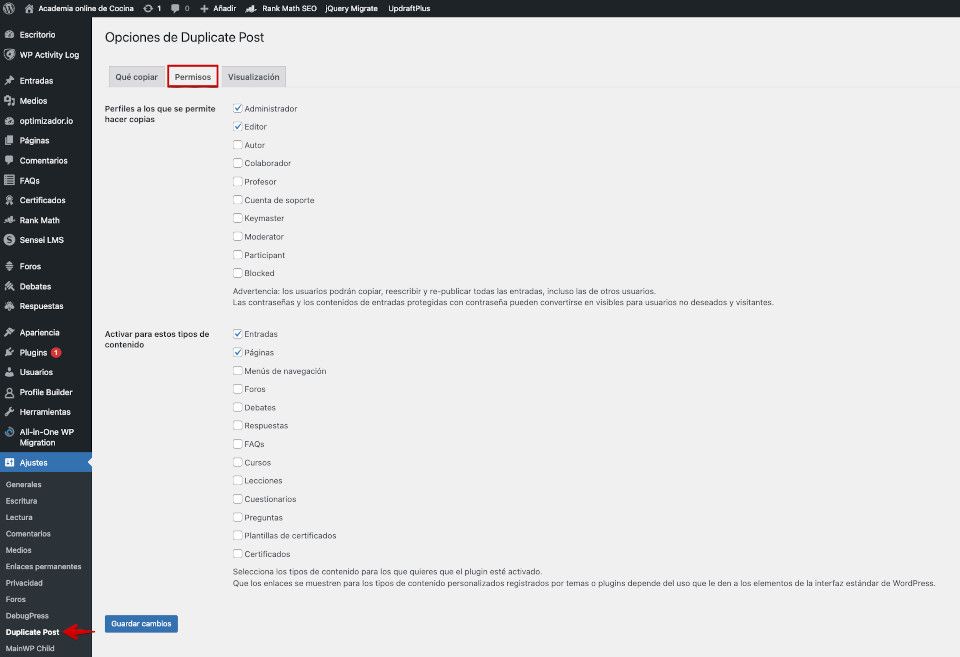 Configuracion de permisos del plugin Yoast Duplicate Post