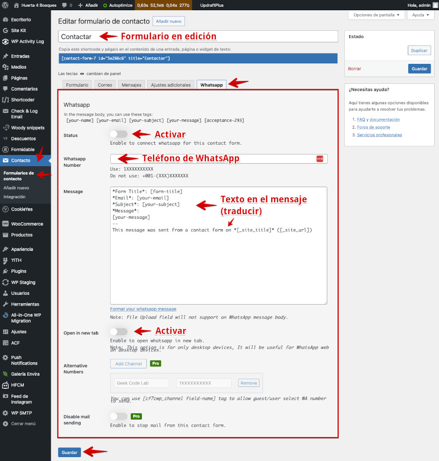 Ajustes de la pestaña WhatsApp del plugin Connect Contact Form 7 to Social App