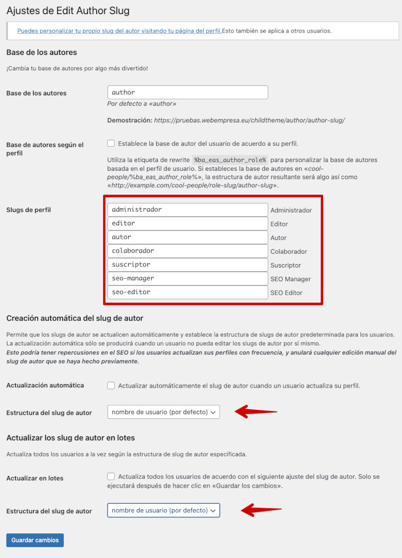 Ajustes del slug de autor con el plugin Edit Author Slug