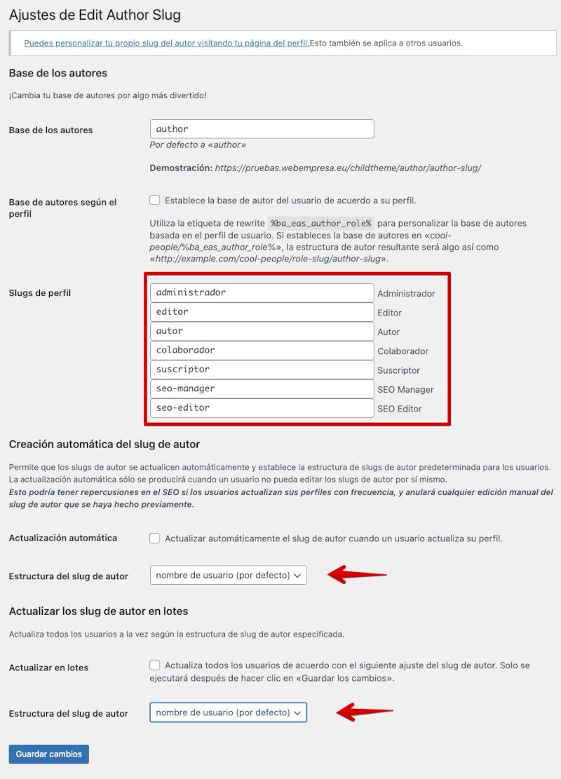 plugin-edit-author-slug-ajustes Ajustes del slug de autor con el plugin Edit Author Slug