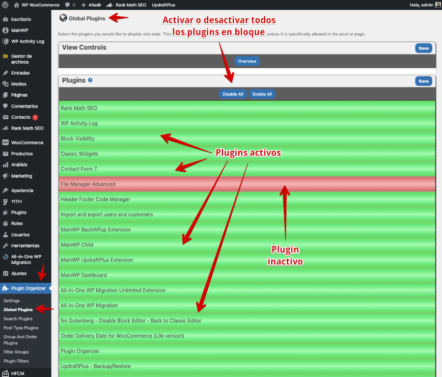 Plugin Organizer - Ajustes - Global plugins