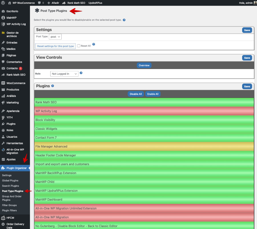 Plugin Organizer - Ajustes - Post type plugins