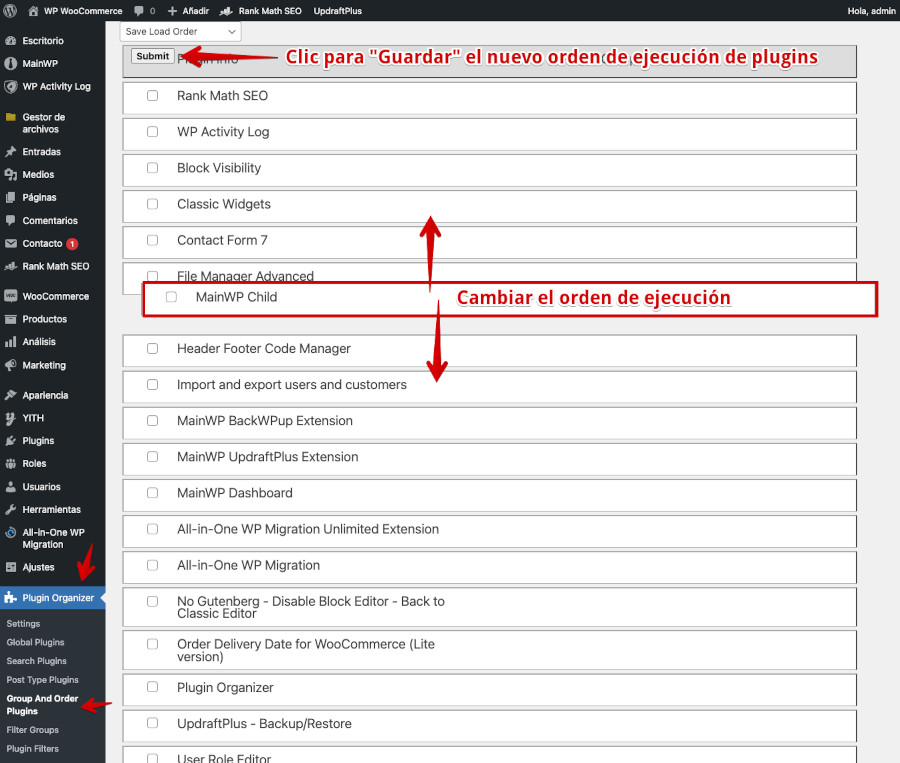 Plugin Organizer - Ajustes - Group and Order plugins