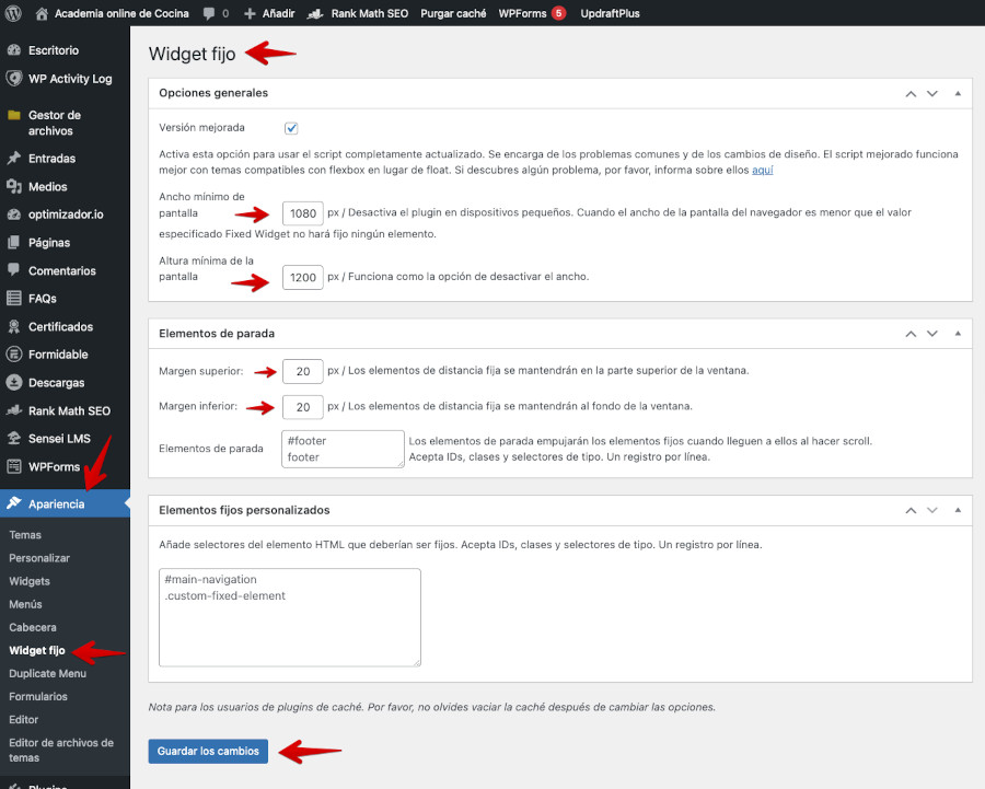 Plugin Fixed Widget and Sticky Elements - Ajustes