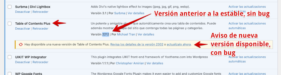 El plugin rebajado de versión muestra el aviso de actualización disponible