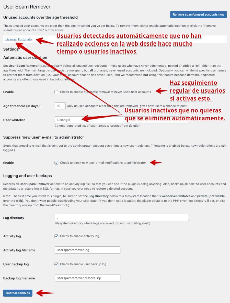 Ajustes del plugin User Spam Remover