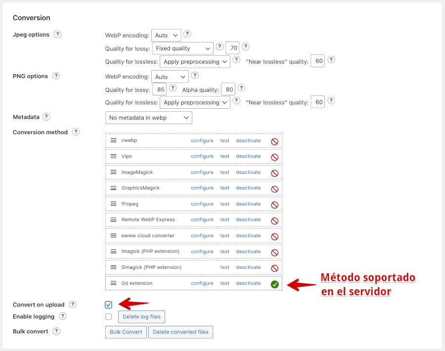 Ajustes - WebP Express - Conversion