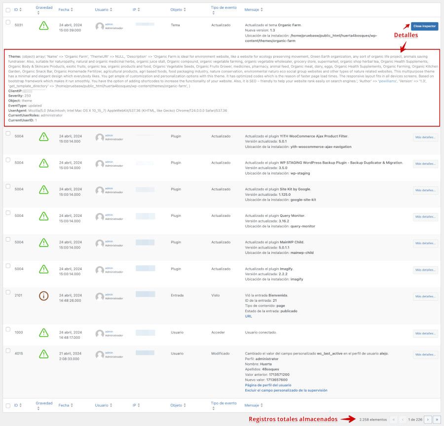 Ejemplo de log con WP Activity Log