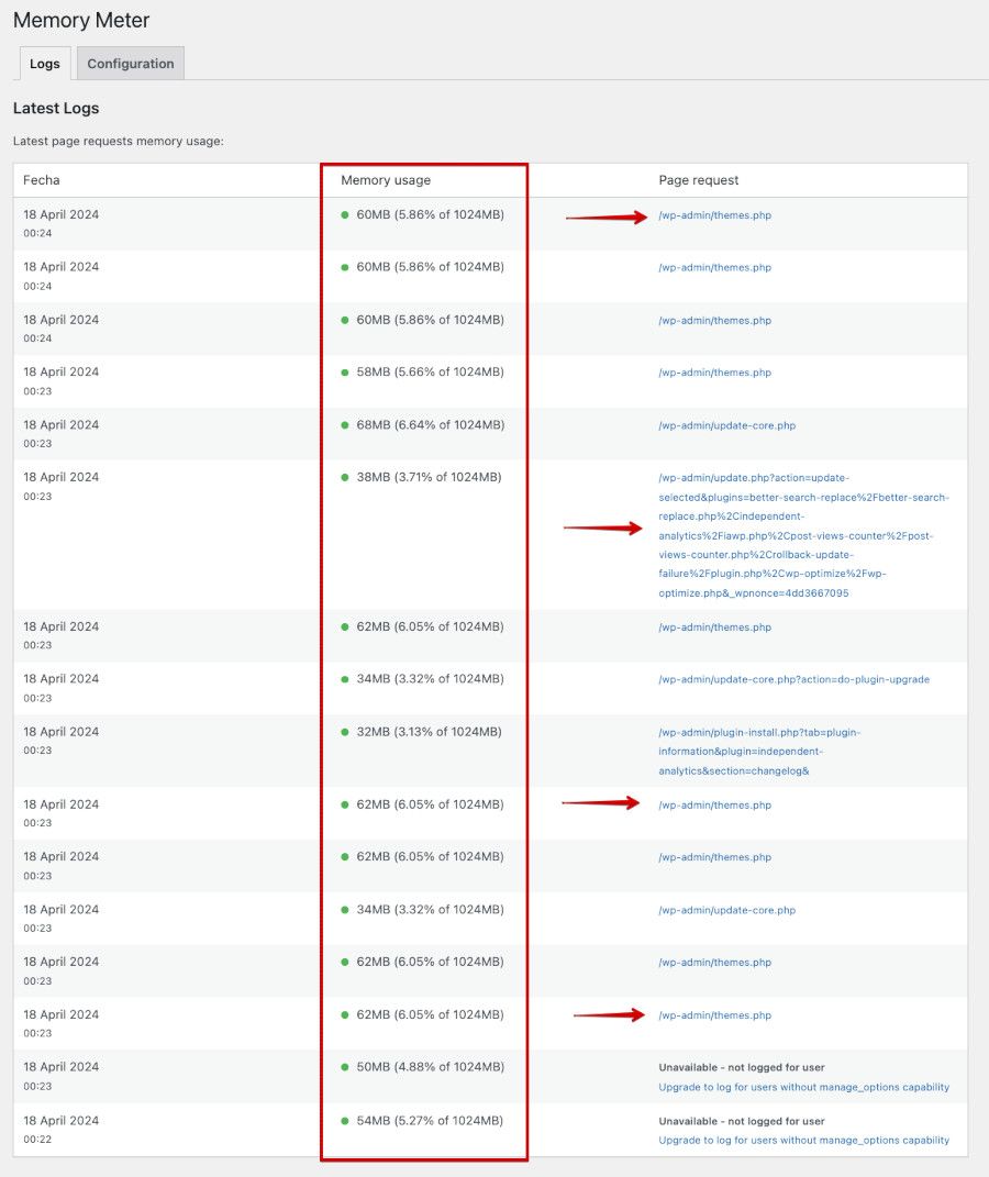 Plugin Memory Meter - Logs