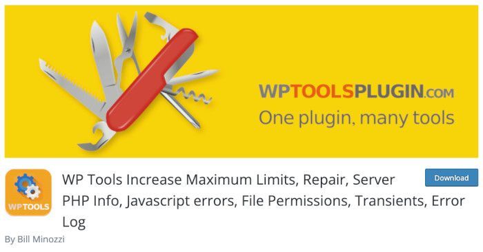 WP Tools Increase Maximum Limits, Repair, Server PHP Info, Javascript errors, File Permissions, Transients, Error Log
