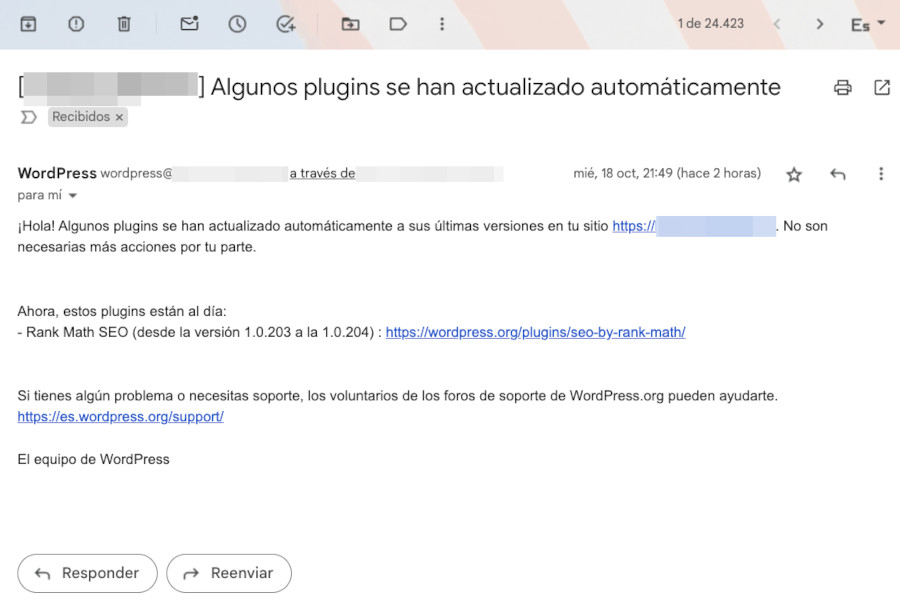 Correo notificando plugins actualizados autmáticamente