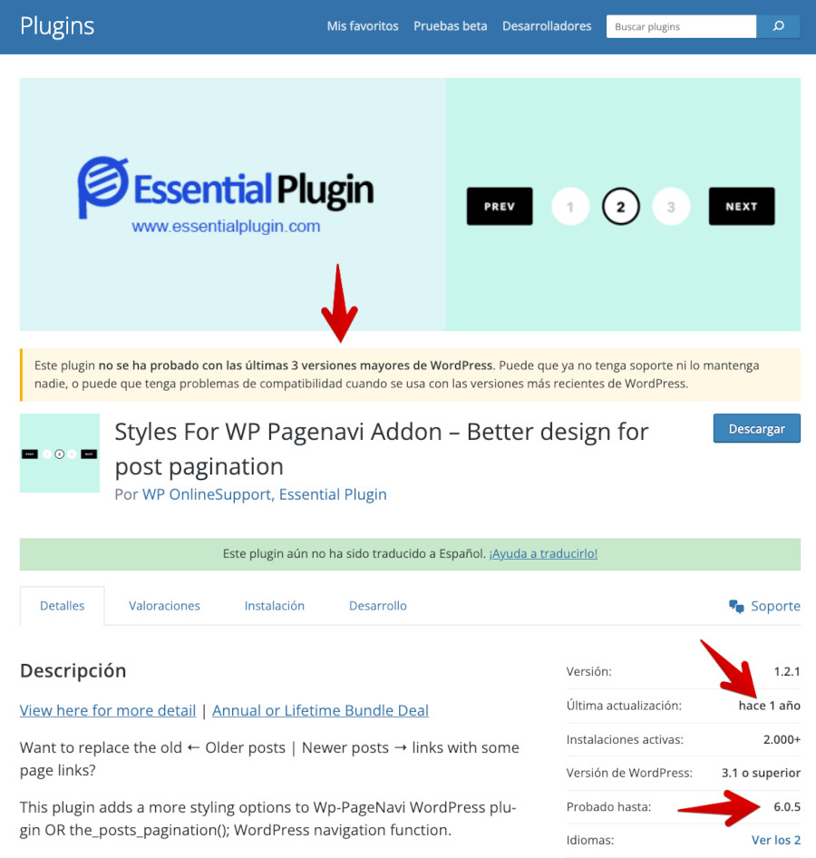 Plugin desactualizado Styles For WP Pagenavi Addon