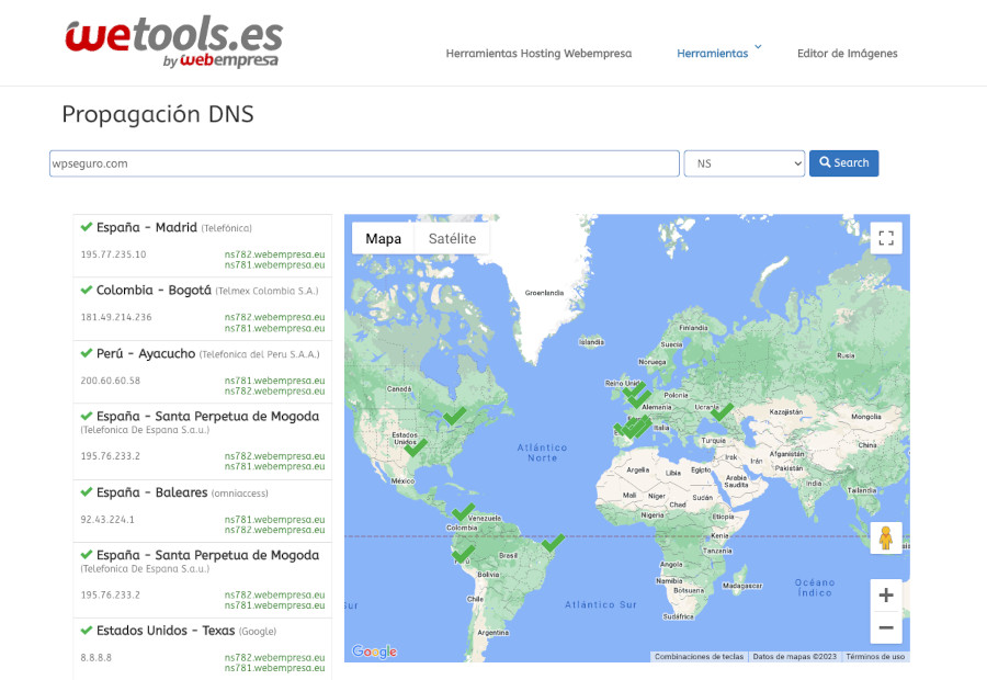 Comprobar la propagación de DNS con la herramienta Wetools de Webempresa