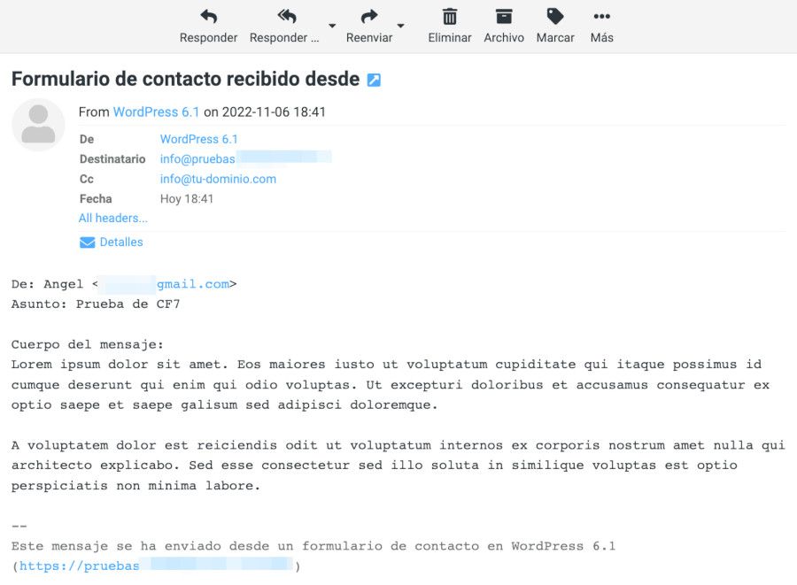 Prueba de recepción de email procedente del Formulario de Contacto