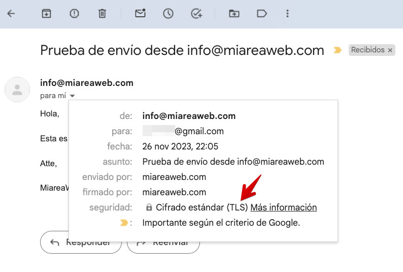 Prueba de envío de correo cifrado desde el dominio