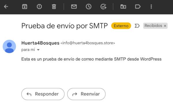 Prueba de envío de email por SMTP con el plugin WP SMTP en WordPress correcta