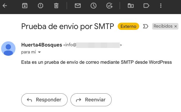 Prueba de envío de email por SMTP con el plugin WP SMTP en WordPress correcta