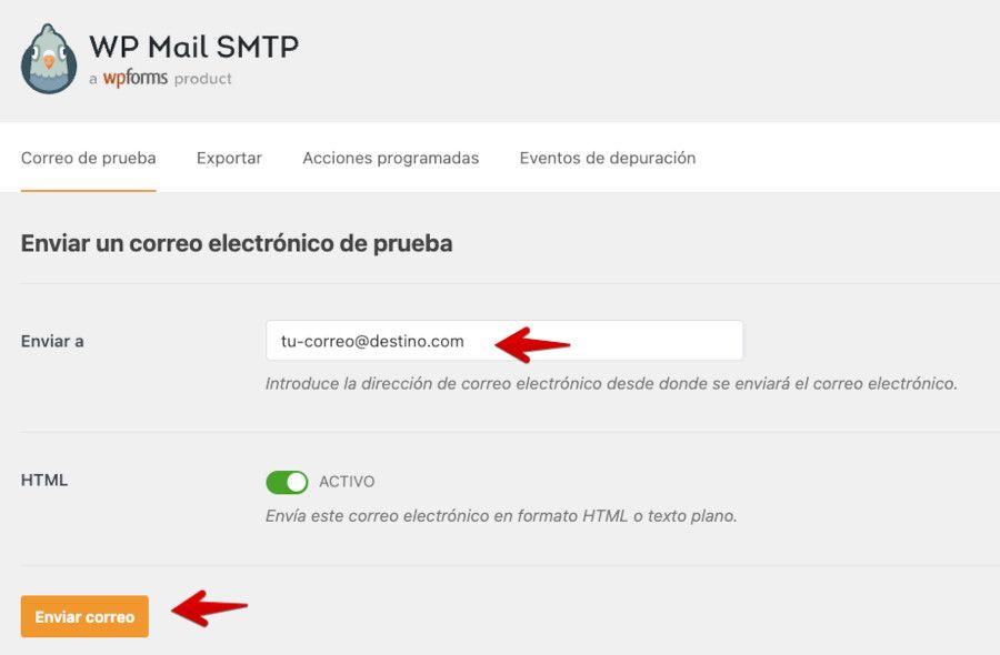Prueba de envío de email por SMTP con el plugin WP SMTP en WordPress